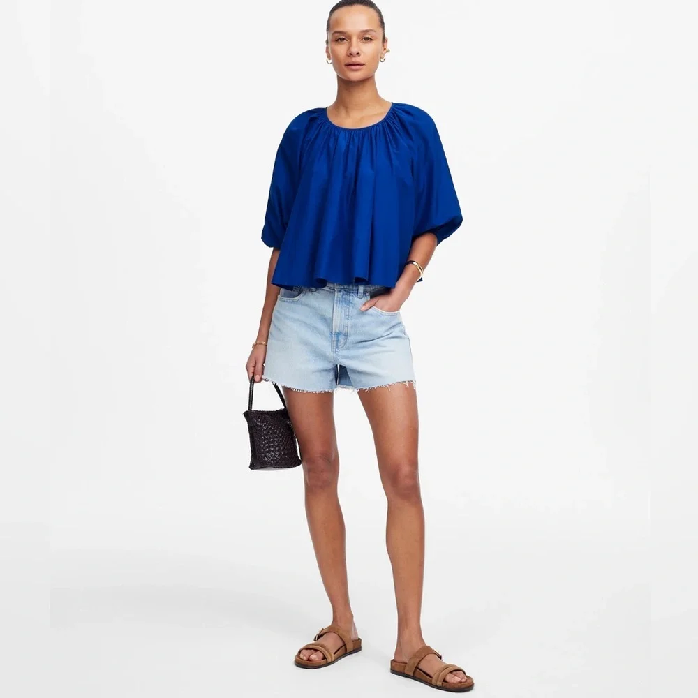 NWT Madewell Shirred Puff-Sleeve Top in Cotton-Silk Voile in Bright Sapphire